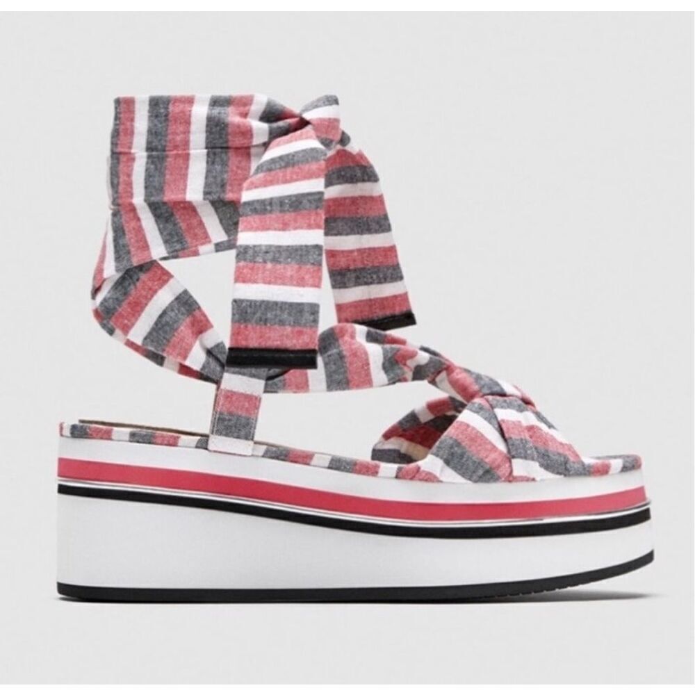 Zara red, white, and blue ribbon tie platform sandal size 39